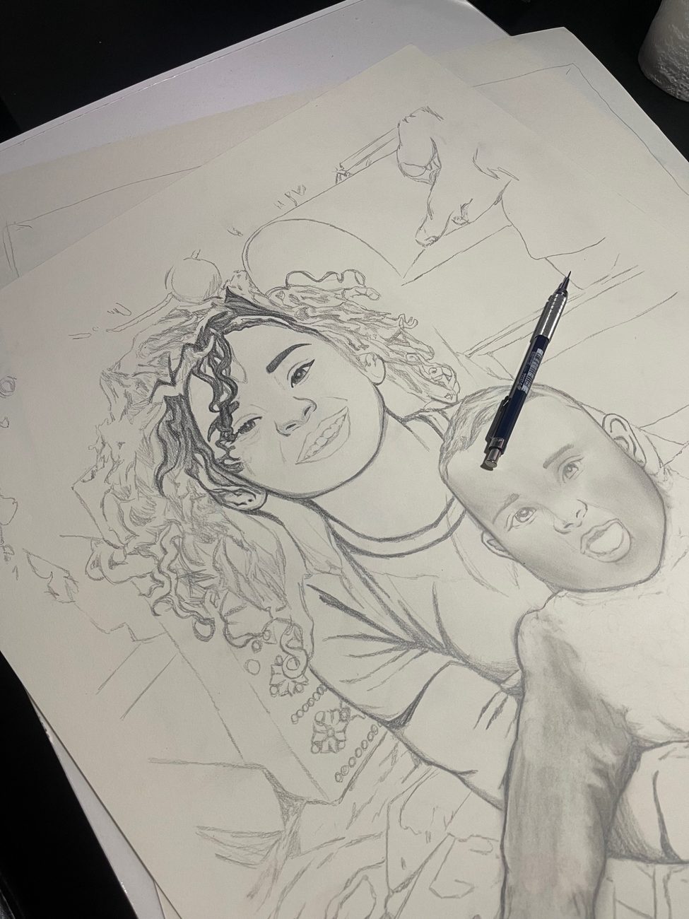 Portrait sketch in progress with pen