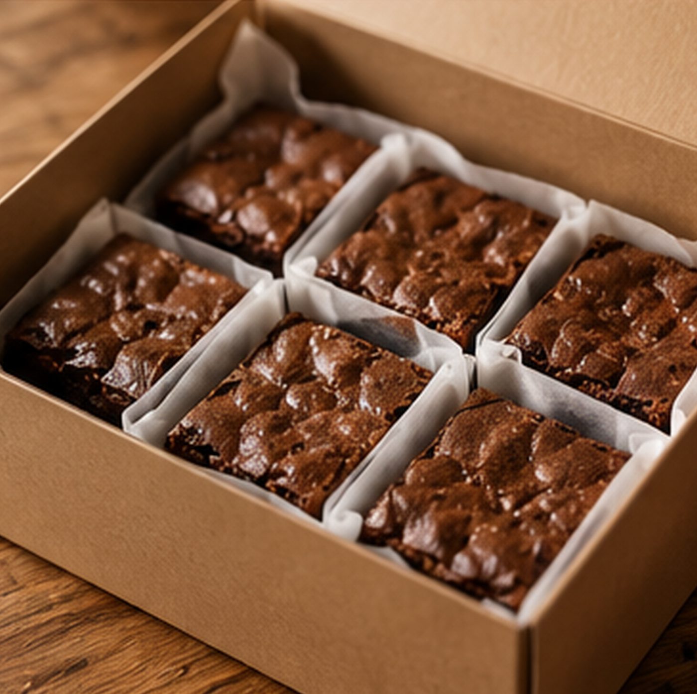 Brownies portioned in a parchment-lined box
