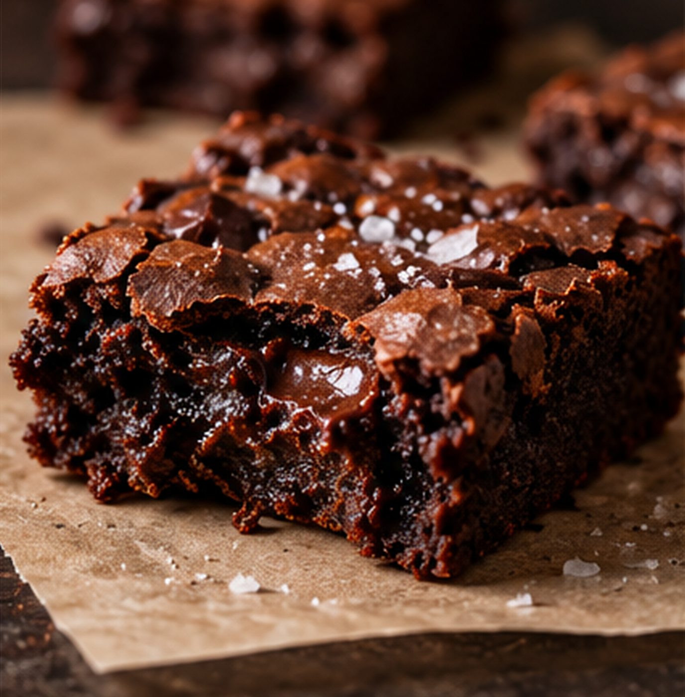 Close-up of a brownie with a crackled top
