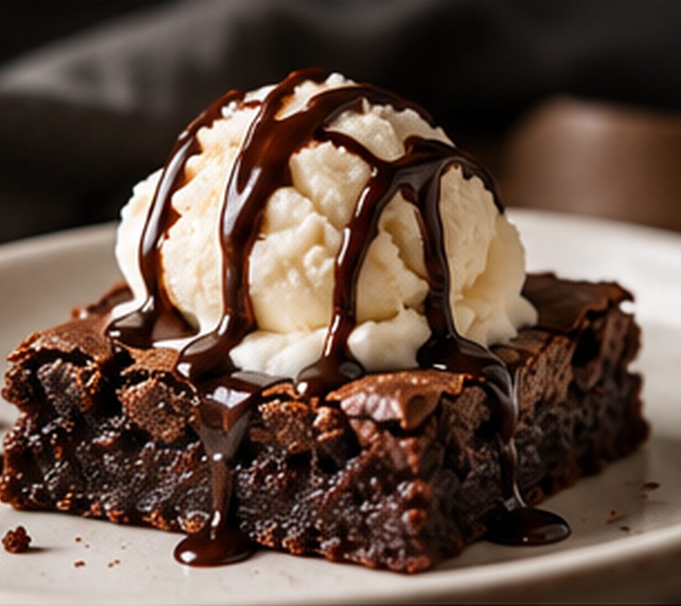 Brownie topped with vanilla ice cream