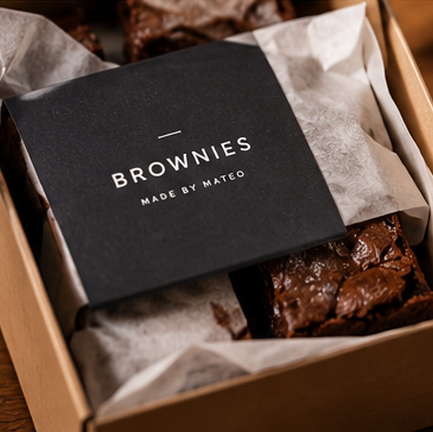 Brownies boxed with a black Made by Mateo sleeve
