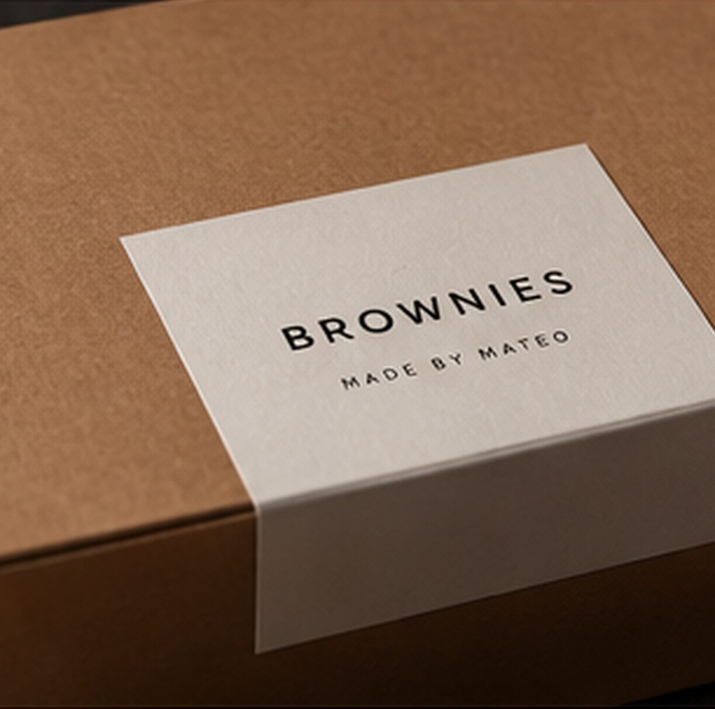 Kraft brownie box with a Made by Mateo label