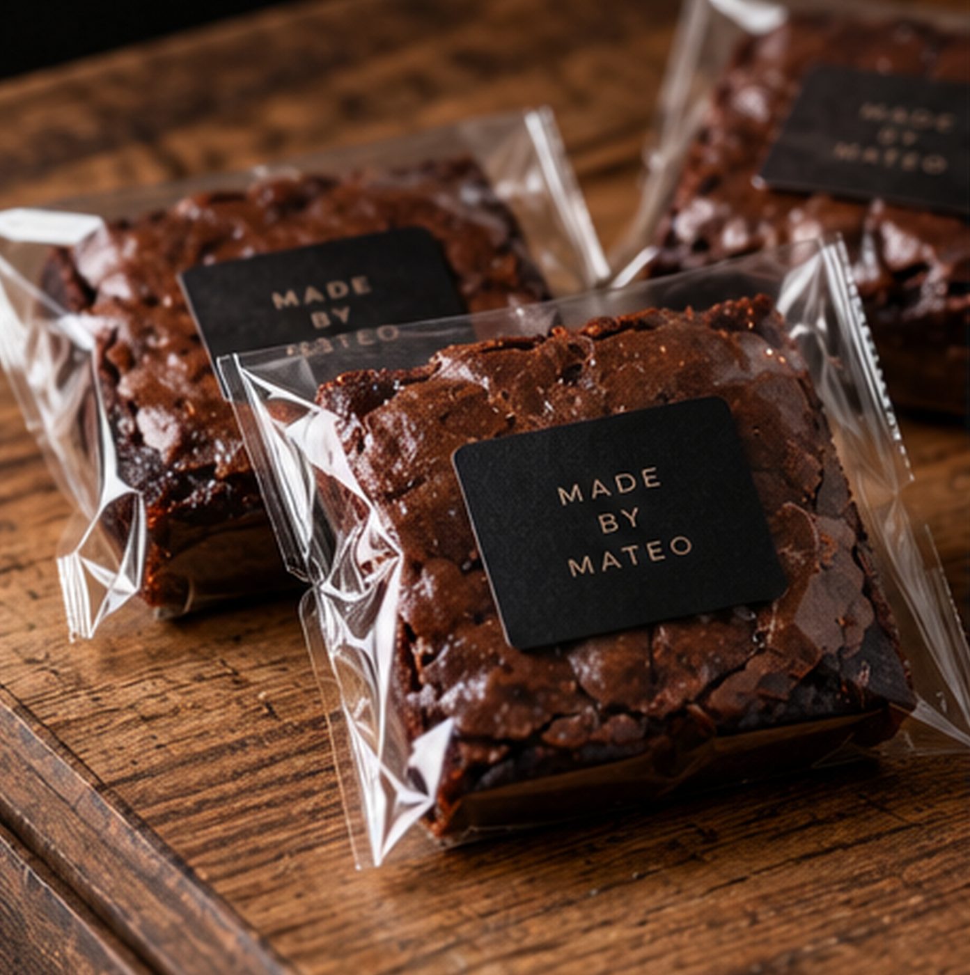 Individually bagged brownies with Made by Mateo labels