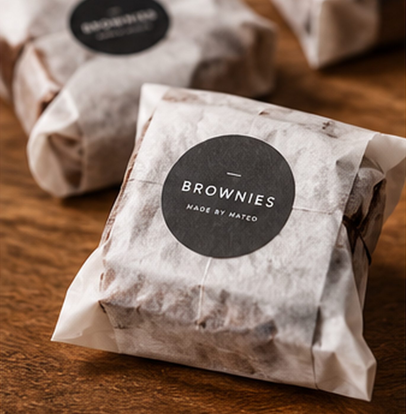 Brownie wrapped in parchment with a Made by Mateo sticker